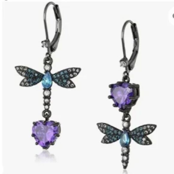 Purple Hearts and  Dragonfly Dangle Earrings - Picture 1 of 1